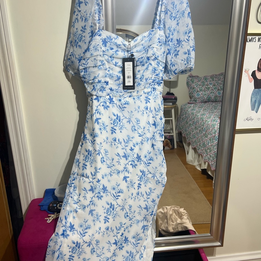 French Connection Blue and White Puff Sleeve Maxi Dress